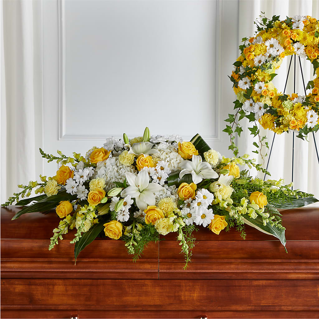 Golden Harmony Casket Spray – CELEBRATE SHOP & DECOR LLC, Lilburn GA
